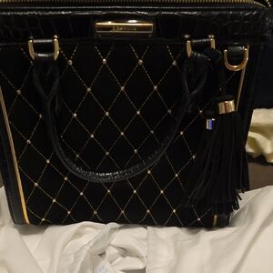 Brahmin Black and Gold Quilted Satchel